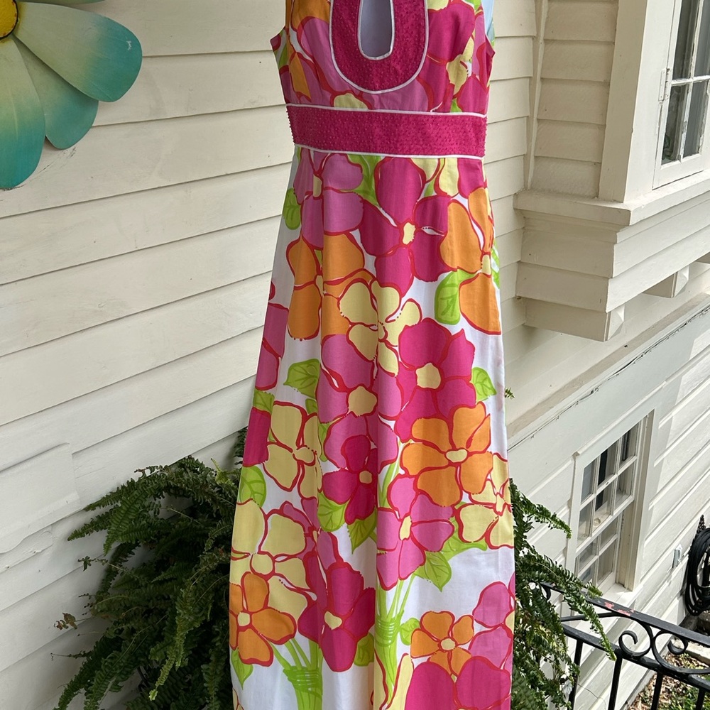 Lilly Pulitzer Pink and Orange Sleeveless Halter Maxi Dress